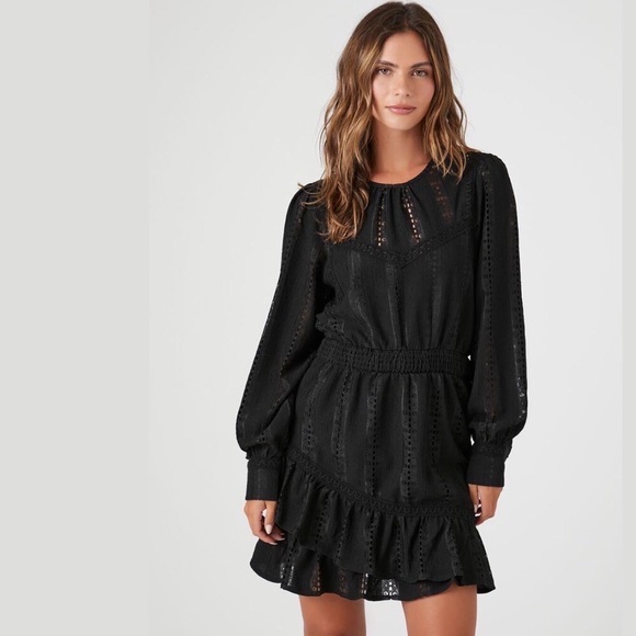 Black Dress Lace Eyelet Mini Dress - Picture 1 of 4